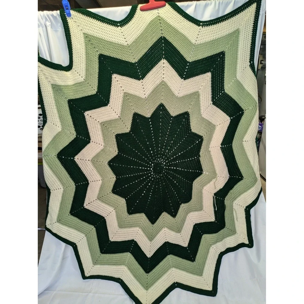 Handmade Crochet 12 Point Star Blanket Throw Green Chevron Afghan Lap‎ Throw 84